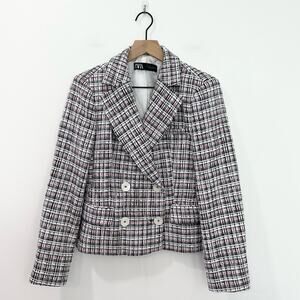Zara Textured Double Tweed Breasted Blazer Classic Preppy Large